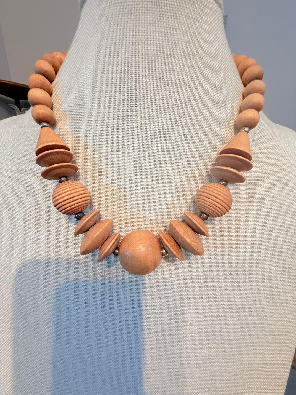 ” Natural Wood Bead Statement Necklace